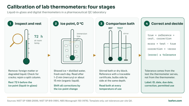 Calibration of lab thermometers in four stages: visual inspection and 72 h rest, ice-point bath at 0 °C, comparison bath against a traceable reference, then error, correction and label