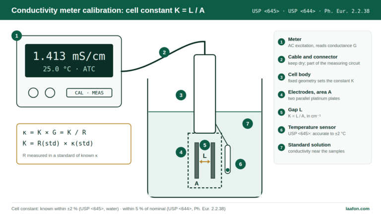 Conductivity meter calibration diagram: two-electrode cell with cell constant K = L/A, temperature sensor, cable and meter in a KCl standard