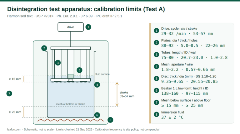 Disintegration Test Apparatus SOP: 12 Calibration Limits Disintegration test apparatus calibration limits: 29–32 cycles per minute, 53–57 mm stroke, 37 ± 2 °C, mesh at least 15 mm below the surface and 25 mm above the beaker floor
