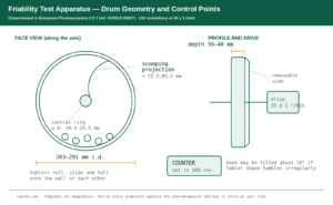 Friability test procedure for tablets: labelled friability test apparatus drum showing 283 to 291 mm internal diameter, 36 to 40 mm depth, the 75.5 to 85.5 mm scooping projection and the 25 plus or minus 1 r/min drive
