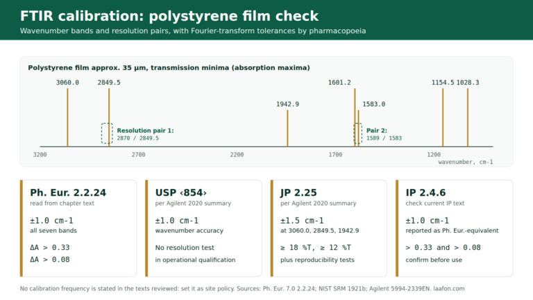 FTIR Calibration as per EP, USP & IP: 7 Polystyrene Bands, Limits FTIR calibration polystyrene reference bands with Ph. Eur., USP, JP and IP wavenumber tolerances and resolution limits