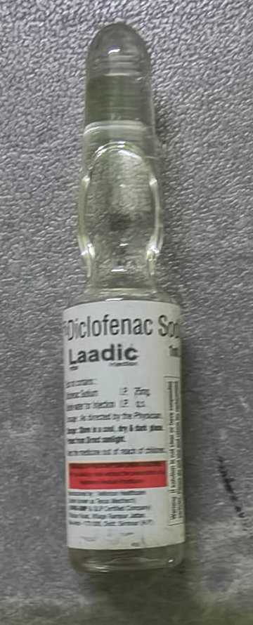 Close-up of a Laadic 1 ml ampoule label: diclofenac sodium IP 75 mg per ml