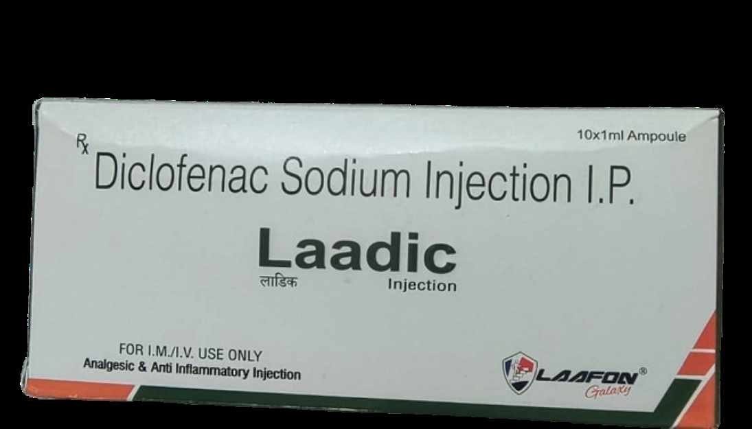 Laadic carton: Diclofenac Sodium Injection I.P., 10 x 1 ml ampoules, Rx, for I.M./I.V. use only