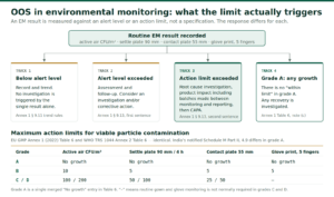 OOS in environmental monitoring decision chart showing alert level, action limit and grade A any-growth responses with grade A to D action limits