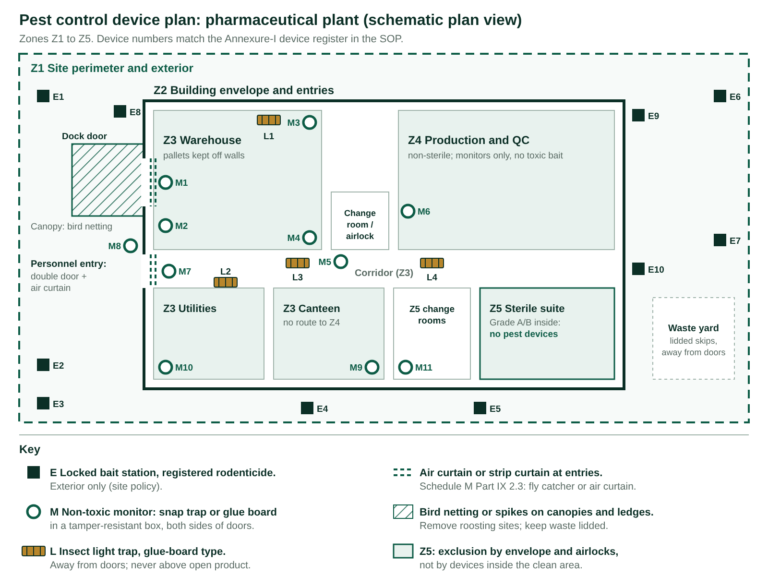 SOP for Pest Control in Pharmaceutical Industry: Rodents, Insects & Birds Pest control in pharmaceutical industry: 5-zone device plan showing exterior bait stations, internal non-toxic monitors, insect light traps, air curtains and bird netting