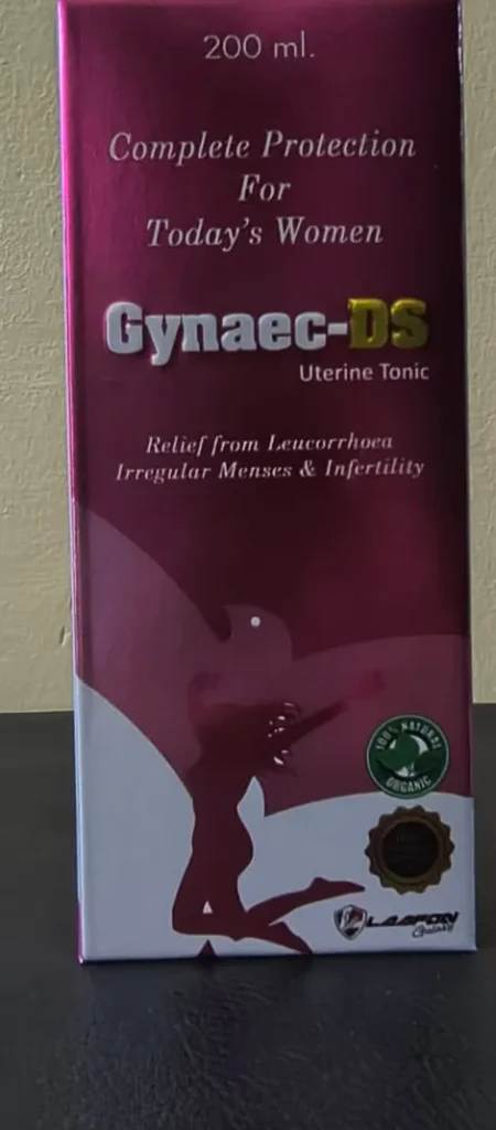 Gynaec-DS Syrup 200 ml: Ayurvedic Composition, Dose & MRP front view of gynaec-ds syrup outer box
