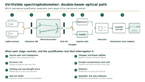 Qualification of UV Visible Spectrophotometer: labelled double-beam optical path diagram showing which OQ parameter each of the eight stages controls