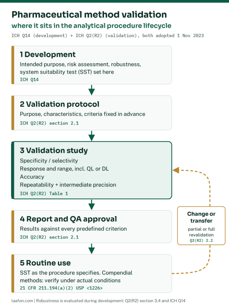 Pharmaceutical method validation lifecycle under ICH Q14 and ICH Q2(R2): development, validation protocol, validation study, report and QA approval, routine use, with a change or transfer loop back to revalidation