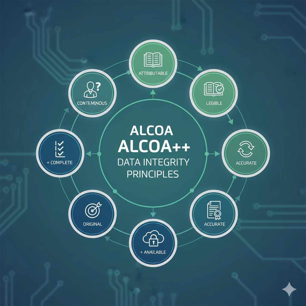 USFDA Form 483 Response Strategy: The Ultimate 7-Phase Guide for Pharma (2025) Diagram of ALCOA++ data integrity principles.