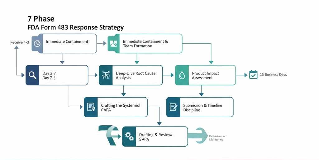 USFDA Form 483 Response Strategy: The Ultimate 7-Phase Guide for Pharma (2025) Flowchart of 7-Phase FDA 483 response strategy.