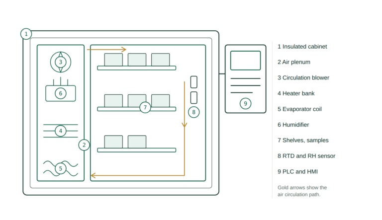 Stability Chamber in Pharmaceutical Industry: SOP and 7 ICH Limits Labelled cross-section diagram of a stability chamber in pharmaceutical industry use showing plenum, blower, heater bank, evaporator coil, humidifier, sample shelves, RTD and RH sensors and the PLC control panel