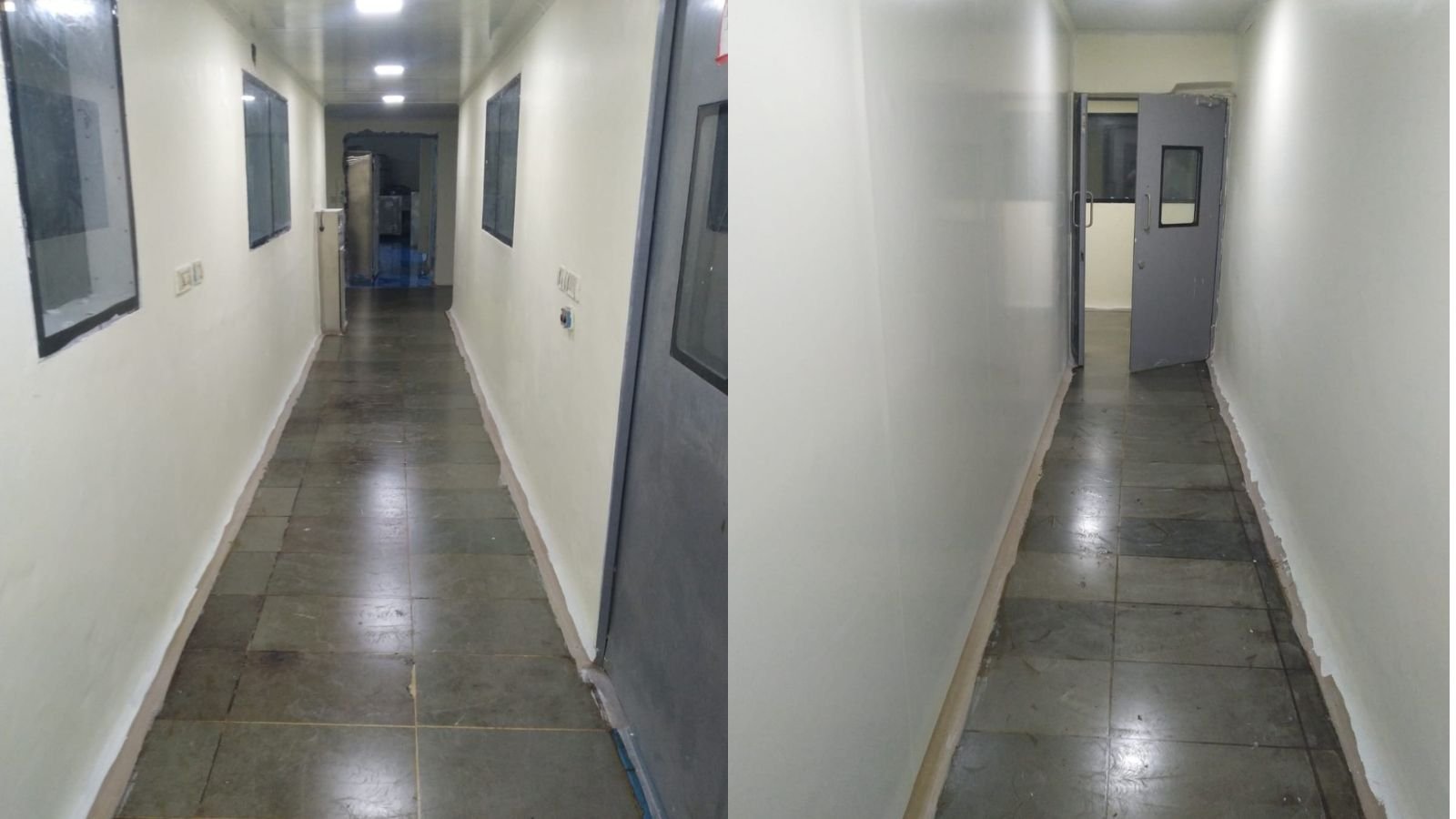 Production corridor at the Sansarpur Terrace pharma plant with inspection viewing windows into manufacturing rooms and flush doors